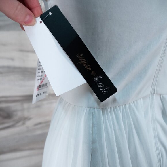 Sequin Hearts White Formal Dress Iridescent Jewels at Neckline & Uneven Skirt - Picture 5 of 9